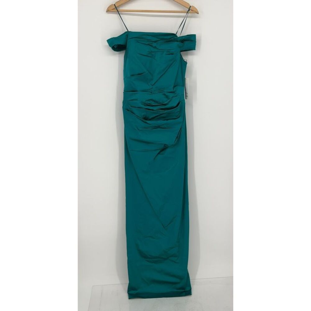 Teri Jon by Rickie Freeman Ruched Asymmetrical Off Shoulder Gown
